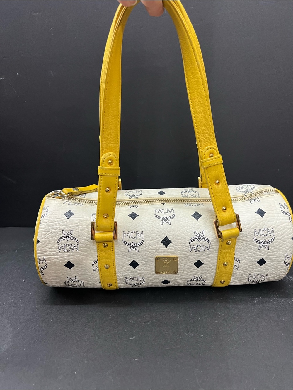 MCM White Monogram Barrel Bag with Yellow Straps